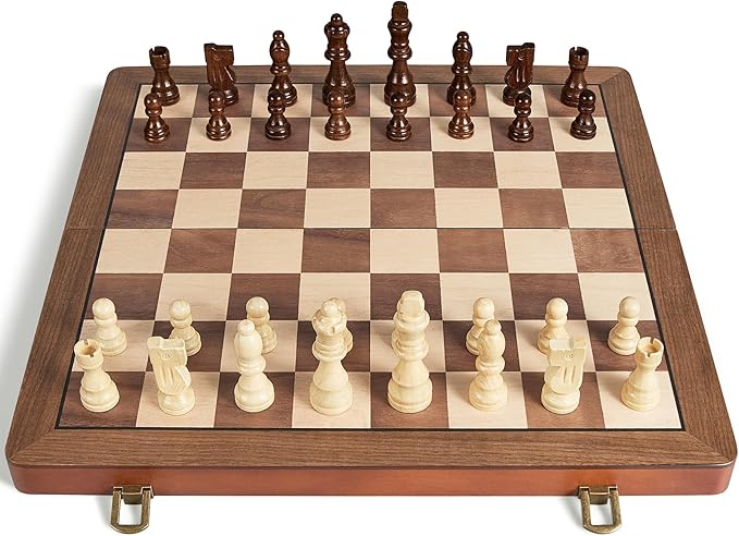ELONGDI 15" Wooden Chess Set with Magnetic Pieces - Extra Queens - Folding Chessboard Portable Travel Tournament Chess Board Games for Adults Kids