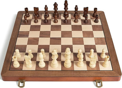 ELONGDI 15" Wooden Chess Set with Magnetic Pieces - Extra Queens - Folding Chessboard Portable Travel Tournament Chess Board Games for Adults Kids