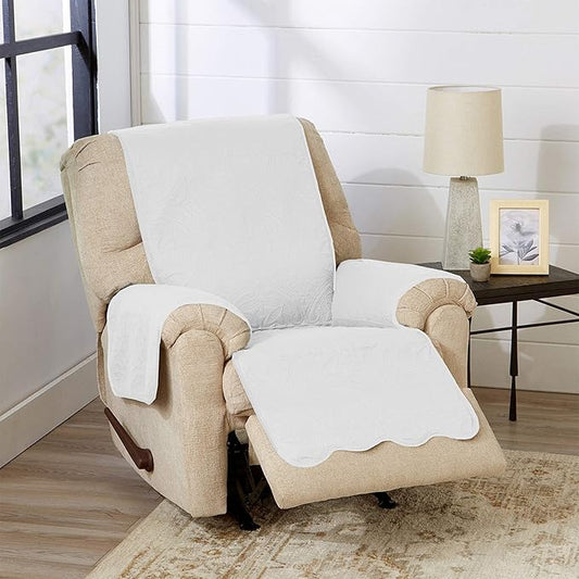 Great Bay Home Medallion Stitched Solid Furniture Protector Stain Resistant Durable Furniture Protector Elenor Collection (Recliner, White/Sand)
