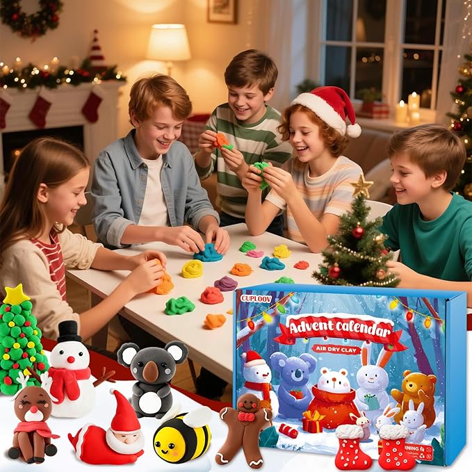 Advent Calendars 2025 Kids, 24 Days Christmas Countdown Calendars DIY Air Dry Modeling Clay for Kids, Assorted Colors Polymer Clay Kit with Sculpture Tools, Best Christmas Gifts for Chidren Boys Girls