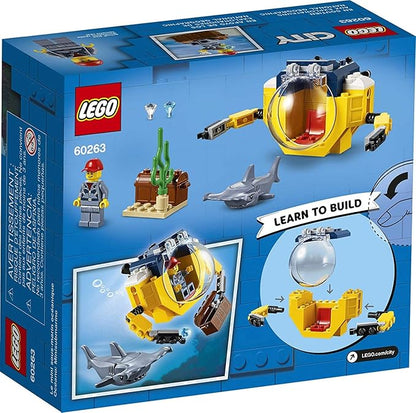 LEGO City Ocean Mini-Submarine 60263, Underwater Playset, Featuring a Toy Submarine, Pirate Treasure Chest, Hammerhead Shark Figure and a Pilot Minifigure, Great Gift for Kids (41 Pieces)