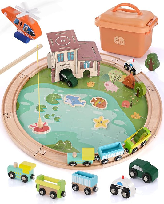 Wooden Train Track Set - 48-Piece Toy Train Tracks Compatible with Thomas, Brio, Melissa & Doug - Includes Fishing and Puzzles for Toddlers 3-8 - Educational for Fun Playtime