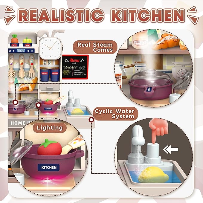 Mini Kids Kitchen Playset with Apron, Play Kitchen Toy with Realistic Steam and Lights, Play Sink and Toy Kitchen Accessories, Pretend Play Gift for Toddlers 3-5 Boys Girls (Grey)