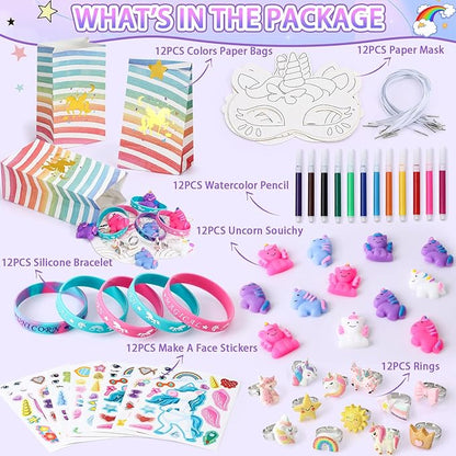 96PCS Unicorn Party Favors for Kids Coloring Masks DIY Craft Fufu Stress Toys Watercolor Pen Rings Stickers Bracelets Gifts Goodie Bags Pinata Fillers Stuffers Girls Unicorn Birthday Party Supplies