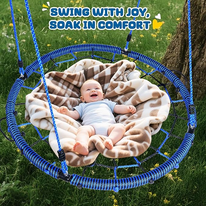 Trekassy 750lbs 40“ Spider Web Saucer Tree Swing for Kids Adults, Outdoor Net Swing with Steel Frame and 2 Hanging Straps-Blue+Black (Patented)