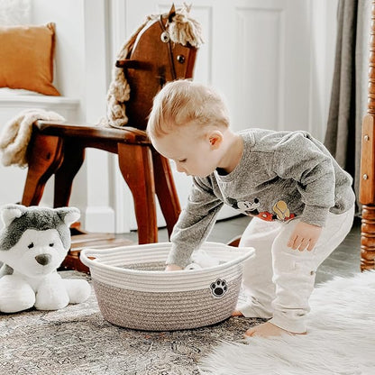 Dog Toy Basket Small Gift Basket for Baby, 12"x 8" x 5" inches Woven Storage Baskets for Dog Cat, Nursery Storage Baskets for Diapers, Towels, Mixed-Brown