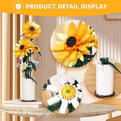 Sunflower Building Blocks Sets Flower Bouquet with Vase for Adults Teens, Flower Garden Building Toys for Girls Boys Home Decor - 821Pcs
