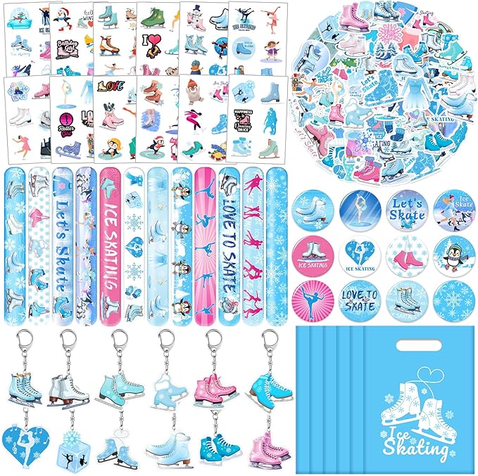 110 PCS Ice Skating Skate Party Favors, Winter Ice Skating Skate Stickers Temporary Tattoos Slap Bracelets Keychains Badges Gift Bags Ice Skating Birthday Party Decorations Supplies for Kids