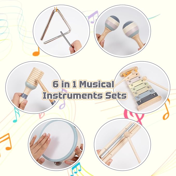 Toddler Musical Instruments 7 in 1 Wooden Xylophone Maracas Baby Sensory Musical Kids Montessori Toys with Canvas Storage Bag