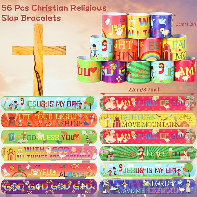 JUNEBRUSHS 56 Pcs Religious Slap Bracelets Christian Gifts for Kids, Jesus Love You Wristbands Snap Bracelets for Christian Stocking Stuffers Sunday School Gifts Happy Birthday Jesus Party Supplies