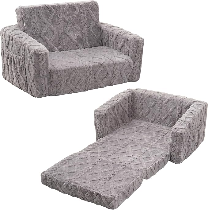 Kids Sofa, Toddler Chair, 2-in-1 Flannel Kids Fold Out Couch, Toddler Convertible Sofa to Lounger, Flip Open Toddler Couch for Kids (Grey)