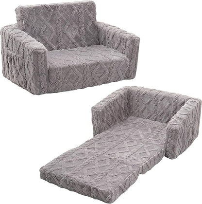 Kids Sofa, Toddler Chair, 2-in-1 Flannel Kids Fold Out Couch, Toddler Convertible Sofa to Lounger, Flip Open Toddler Couch for Kids (Grey)