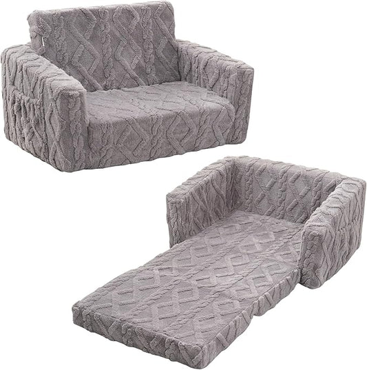 Kids Sofa, Toddler Chair, 2-in-1 Flannel Kids Fold Out Couch, Toddler Convertible Sofa to Lounger, Flip Open Toddler Couch for Kids (Grey)