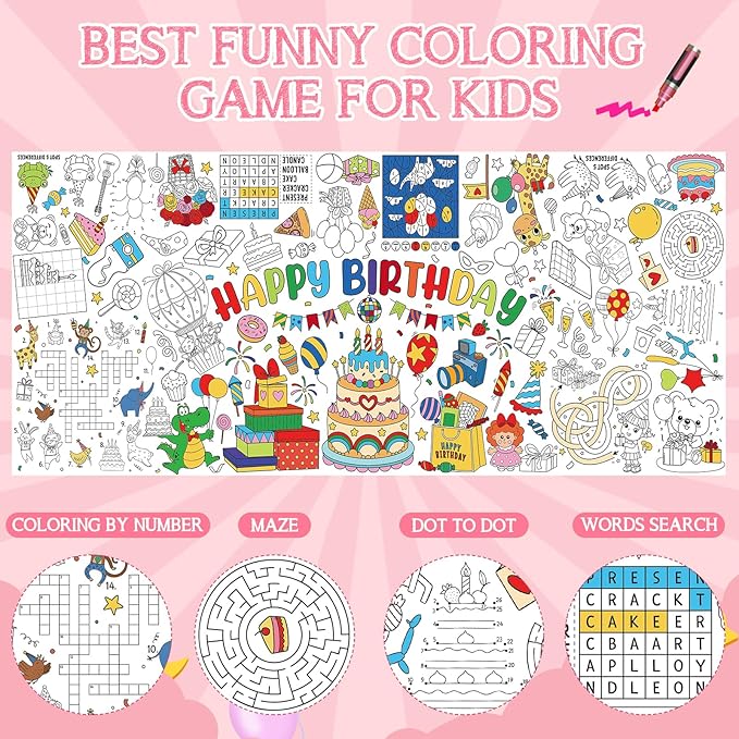 Happy Birthday Giant Coloring Poster for Kids 30x72 Inch, Birthday Large Coloring Poster Tablecloth, Birthday Themed Color-in Activities Games for Kids School Classroom Home Party Supplies Decorations