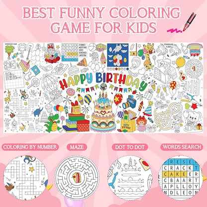 Happy Birthday Giant Coloring Poster for Kids 30x72 Inch, Birthday Large Coloring Poster Tablecloth, Birthday Themed Color-in Activities Games for Kids School Classroom Home Party Supplies Decorations