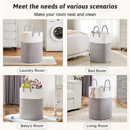 Laundry Basket,Woven Cotton Rope Laundry Hamper,Versatile Storage for Dirty Clothes,Baby Toys,and Blankets in Bathroom, Nursery,and Living Room (Grey, 80L)
