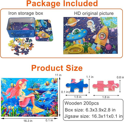200 PCS Wooden Kids Puzzles for Boys Girls Jigsaw Puzzles for Kids Toddlers Children Teens Adult Age 5+ Toys Gifts for 5-15 Years Old Floor Puzzle Iron Box Storage (Space)
