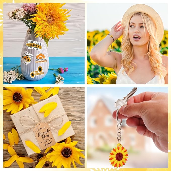 130 Pcs Sunflower Party Favors Including Sunflower Keychains Adjustable Sunflower Bracelets PVC Sunflower Stickers Thank You Kraft Tags Organza Bags for Birthday Summer Party Wedding School Reward