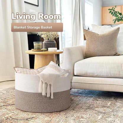 Goodpick Blanket Basket Living Room, 19.7"x19.7"x12.6" Cotton Rope Toy Basket for Blankets, Woven Baskets for Storage, Toy Storage