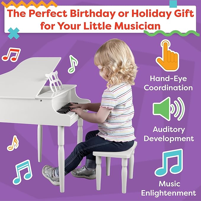 Kids Piano - 30 Key Mini Grand Piano with Music Stand, Bench, and Note Stickers - for Beginners - Instruments for Kids by Hey Play (White)