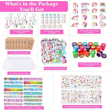 Hungdao 178 Pcs Unicorn Birthday Party Favors for 16 Kids with Keychain Sticker Stamp Ring Slap Bracelet Tattoo Sticker Gift Bag Tag for Unicorn Girl Party Carnival Gift Fillers