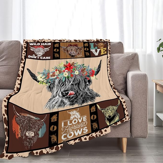 Highland Cow Throw Blanket Gifts for Women Adults Cattle Animal Print Ultra Soft Cozy Plush Fleece Warm Lightweight Living Room Couch Bed Dorm Chair Sofa Decor 40''X50''