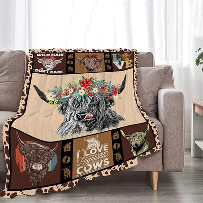 Highland Cow Throw Blanket Gifts for Women Adults Cattle Animal Print Ultra Soft Cozy Plush Fleece Warm Lightweight Living Room Couch Bed Dorm Chair Sofa Decor 40''X50''