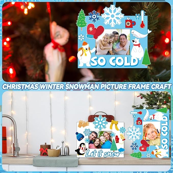 30 Pack Winter Craft for Kids Winter Picture Frame with Easel DIY Holiday SnowFlake Christmas Paper Art Crafts Kit with Stand Cardboard Photo Frames Bulks Game Acticvity for Kindergarten Preschool Kid