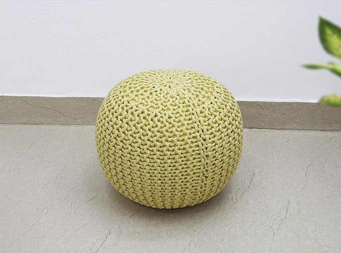 COTTON CRAFT - Hand Knitted Cable Style Dori Pouf - Yellow - Floor Ottoman - Cotton Braid Cord - Handmade & Hand Stitched - Truly one of a Kind Seating - 20 Dia x 14 High