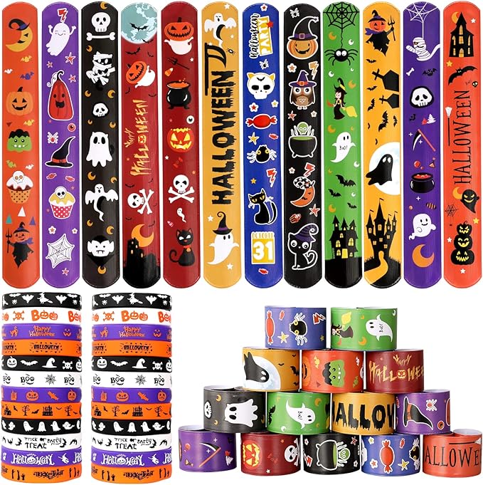 MGparty Halloween Party Favors, 72Pcs Slap Bracelets Rubber Wristbands Halloween Toys for Kids Halloween Party Supplies Decorations Treat Bags Gifts Goodie Bags Filler
