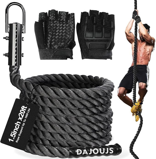 Climbing Rope Gym Workout - 1.5 Inch Dia 10FT 15FT 20FT 25FT 30FT 35FT 40FT 50FT Heavy Duty Work Out Rope Exercise Climbing Ropes for Adults Kids Fitness & Strength Training Outdoor & Indoor - Black