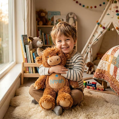 Personalized Highland Cow Stuffed Animal - Custom Name & Date Embroidered Plush Toy - Soft Farm Cow Nursery Decor, Baby Shower & Birthday Keepsake Gift for Boys Girls (10/13/16 Inch)