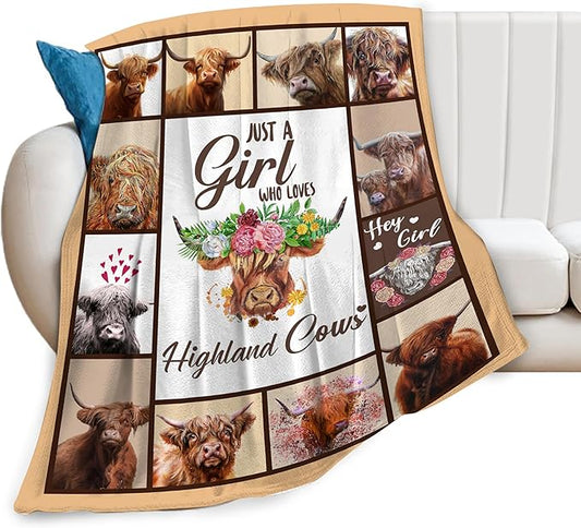 Just A Girl Who Loves Highland Cows Throw Blanket Cute Highland Cattle Fleece Plush Soft Cozy Cartoon Farm Cow Animal Gifts Blanket for Kids Girls Adults Couch Bed Chair Office Dorm Decor 40''X50''