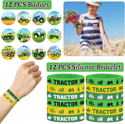98 PCS Tractor Party Favors Tractor Theme Birthday Party Supplies Decorations Tractor Rubber Bracelet Tattoos Keychains Button Pin Tractor Stickers for Boys Girls Farm Tractor Birthday Theme Party