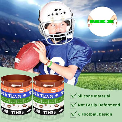 134 Pcs Football Party Favors Set 12 Silicone Bracelet 12 Whistles 12 Keychains 12 Slap Bracelet 12 Tattoo Stickers 12 Plastic Straws 12 Gift Bags 50 Football Stickers for Football Party Supplies