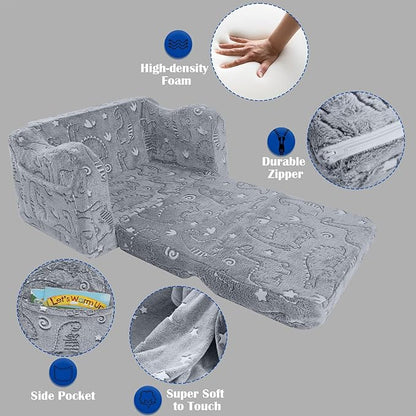 MeMoreCool Kids Dinosaur Couch, Foldable Toddler Chair, Glow in The Dark Convertible Sofa Bed, Fold Out Lounge for Boys Ages 1-3 in Playroom, Comfy Recliner Lounger (Grey)