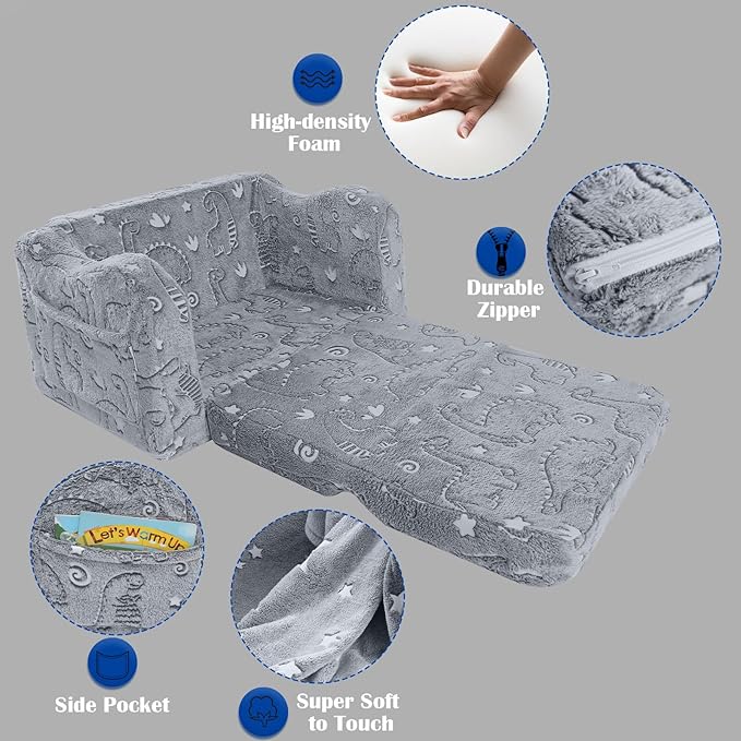 MeMoreCool Kids Dinosaur Couch, Foldable Toddler Chair, Glow in The Dark Convertible Sofa Bed, Fold Out Lounge for Boys Ages 1-3 in Playroom, Comfy Recliner Lounger (Grey)