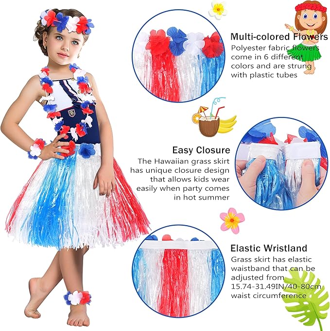 Fortuning's JDS Hawaiian Hula Grass Skirt for Girls Elastic Flower Costume Outfits for Summer Luau Beach Party Decor