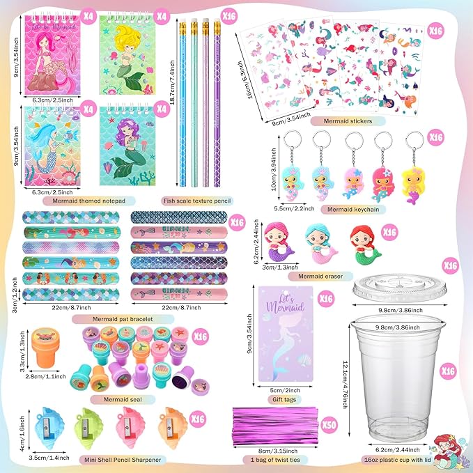 Colarr 161 Pcs Mermaid Party Favor Mermaid School Stationery Set Includes Gift Cup Notebook Pencil Sharpener Eraser Keychain Stamp Slap Bracelet Sticker Card for Mermaid Birthday Supplies