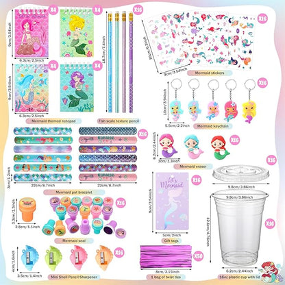 Colarr 161 Pcs Mermaid Party Favor Mermaid School Stationery Set Includes Gift Cup Notebook Pencil Sharpener Eraser Keychain Stamp Slap Bracelet Sticker Card for Mermaid Birthday Supplies