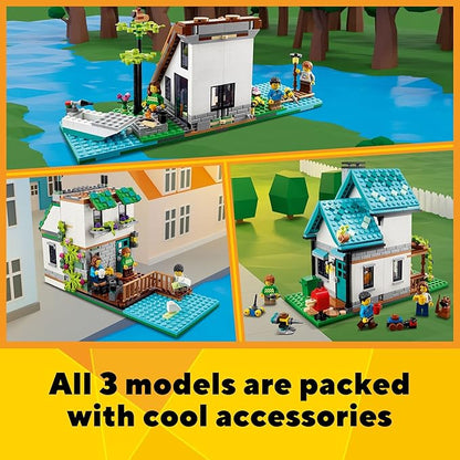 LEGO Creator 3 in 1 Cozy House Building Kit, Rebuild into 3 Different Houses, Includes Family Minifigures and Accessories, DIY Building Toy Ideas for Outdoor Play for Kids, Boys and Girls, 31139