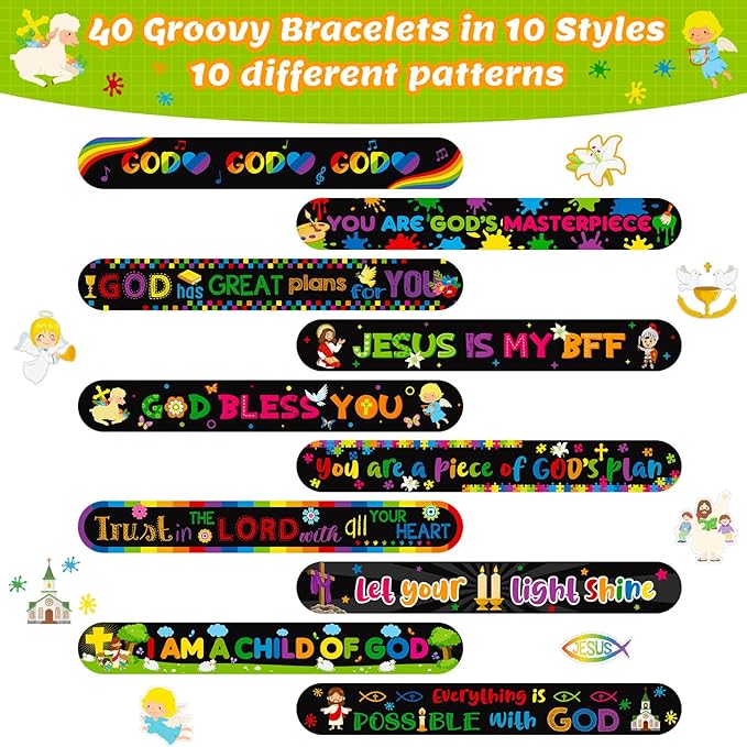 Frienda 40 Pcs Bible Verses Religious Christian Slap Bracelets for Kids Jesus Love You Wristbands Inspirational Motivational Christian Slap Bracelets Sunday School Supplies