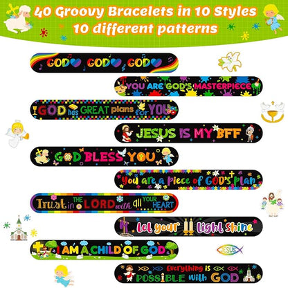 Frienda 40 Pcs Bible Verses Religious Christian Slap Bracelets for Kids Jesus Love You Wristbands Inspirational Motivational Christian Slap Bracelets Sunday School Supplies