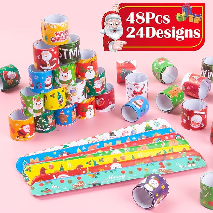 Christmas Slap Bracelet for Kids - 48 Pieces, 24 Colorful Styles - Bulk Christmas Slap Wristbands for Kids Party Favors, Toys Prizes & Goodie Bags Fillers