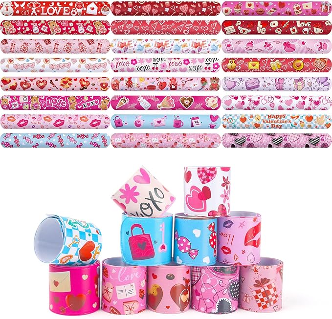 LovesTown 48PCS Valentines Day Slap Bracelets, Red Slap Wristbands Assorted Valentine Snap Bracelets for Kids Gift Exchange Valentine Party Favors