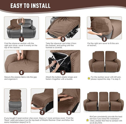 KinCam Recliner Covers, Stretch Reclining Chair Covers, Recliner Sofa Slipcovers Stripe Jacquard Recliner Couch Covers Furniture Protector Covers for Pet Kid (3 Seater, Light Coffee)