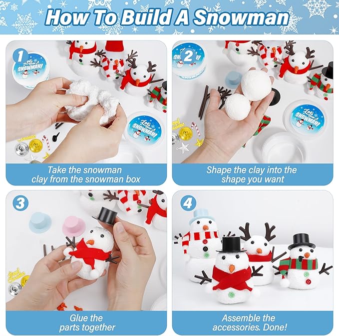 EOBOH 100pcs Snowman Craft, Build a Snowman Kit Indoor Decorations, Snowman Kit DIY Christmas Ornaments, Creative Air Dry Modeling Clay Bulk, Xmas School Family Party Activities Snowman Making Set
