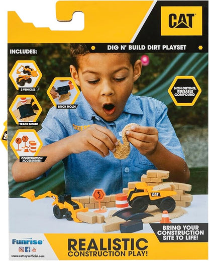 CAT Construction Toys, Dig N' Build Dirt Playset with 10 Oz of Compound, 2 Little Machine Vehicles, Ages 3+