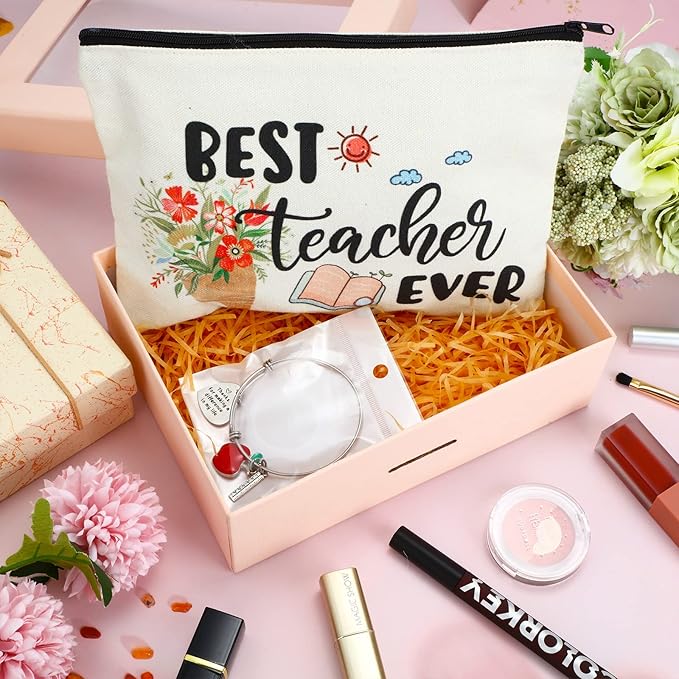 8 Pcs Teacher Appreciation Gift Set for Women, 4 Teacher Makeup Pouch Cosmetic Bags and 4 Bangle Bracelets, Christmas Valentines Thank You Gifts for Teacher (Best Teacher Ever)