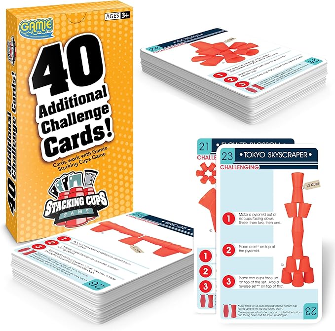 Gamie Challenge Cards for Stacking Cups Game - 40 Additional Cards with Instructions - 20 Medium and 20 High Difficulty Cards for Next Level Fun - Stacking Cups Sold Separately